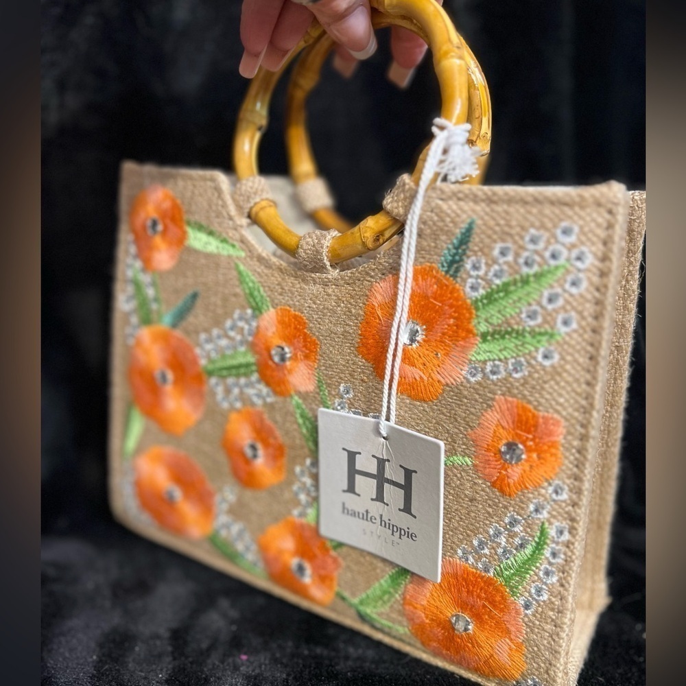 💐Haute Hippie Orange Floral Rhinestone accent Tote with Bamboo Handles-💐NWT - Picture 8 of 13